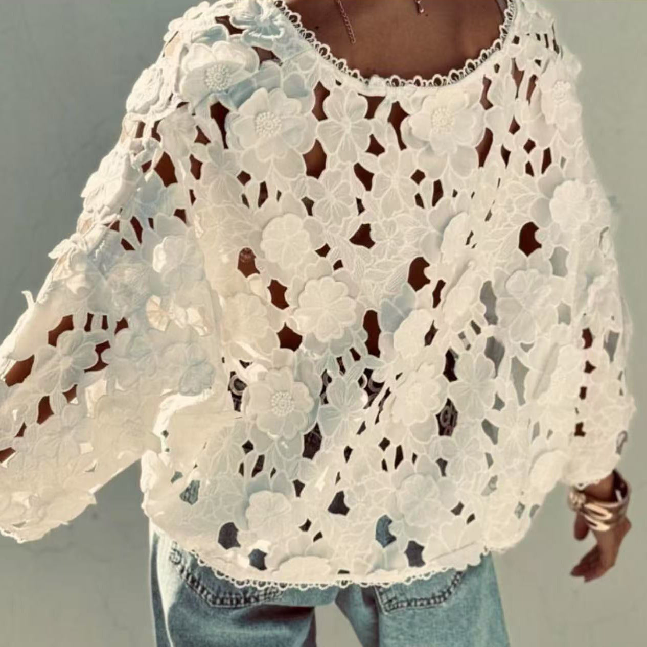Elegant Three-dimensional Lace Flower V-neck Hollow Long Sleeve