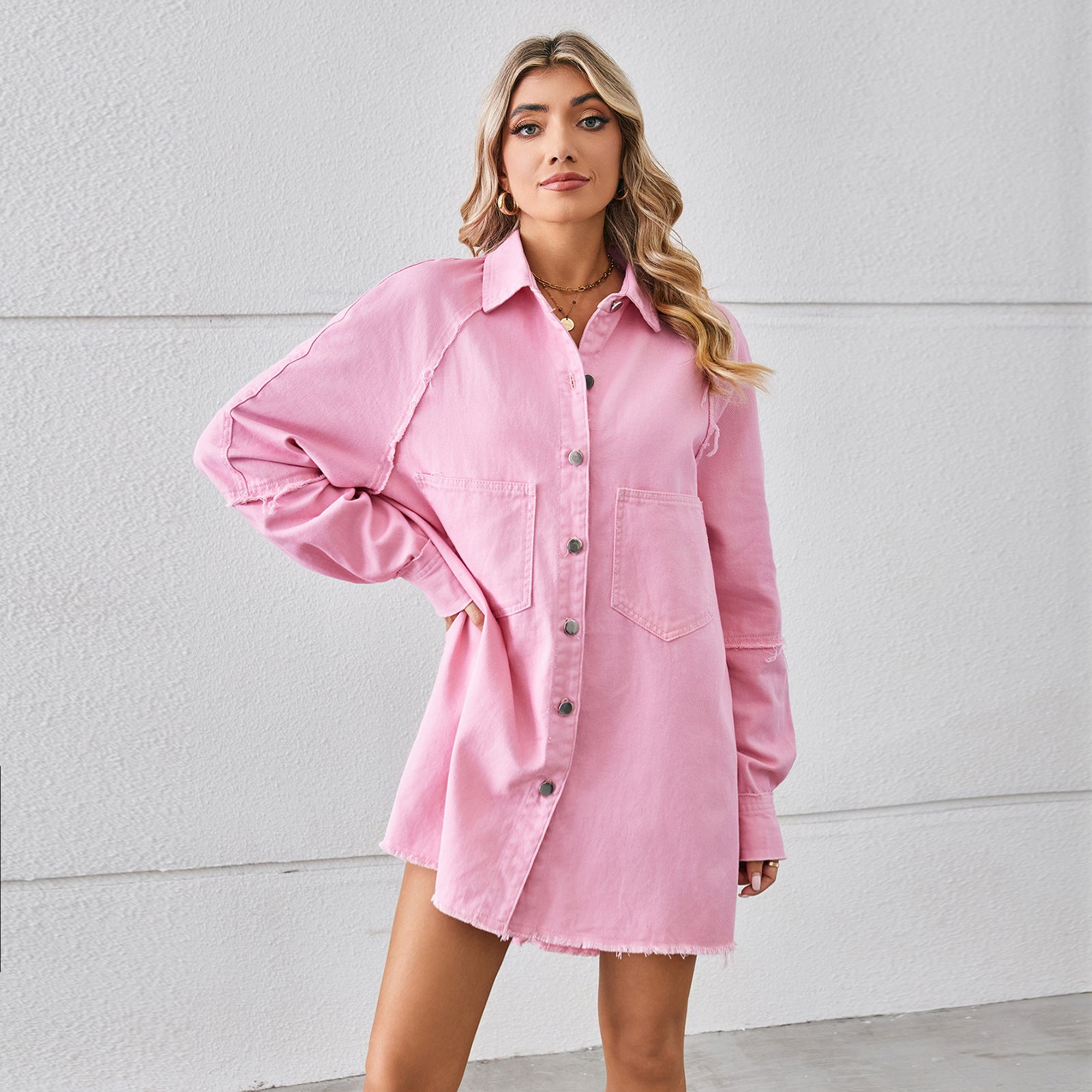 Washed Raw Edge Denim Dress Stitching Long-sleeved Cardigan