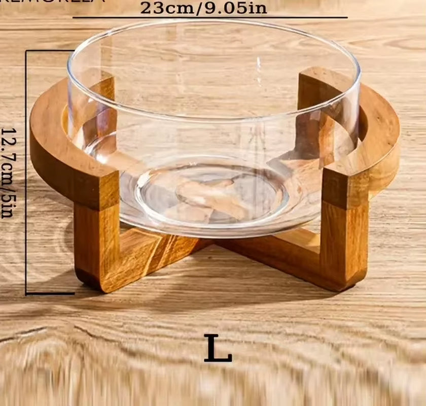 Elegant Glass Salad Bowl Set with Wooden Base Light Luxury Fruit Bowl for Home Restaurant Stylish Glass Snack Tray