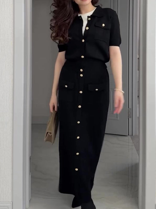 Lapel Short Sleeve Shirt & Single Button Skirt Set