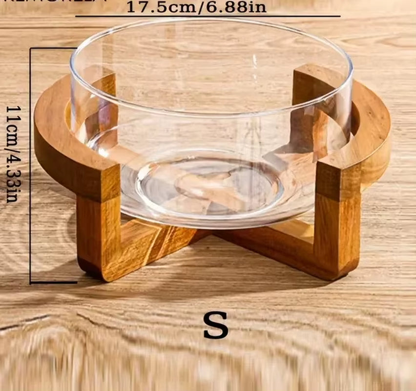 Elegant Glass Salad Bowl Set with Wooden Base Light Luxury Fruit Bowl for Home Restaurant Stylish Glass Snack Tray