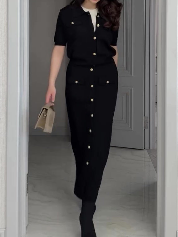 Lapel Short Sleeve Shirt & Single Button Skirt Set