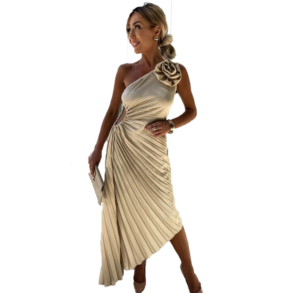 Ins Pleated One-shoulder Dress With Big Rose Flower Fashionable Sexy Evening Party Club Asymmetrical Dress