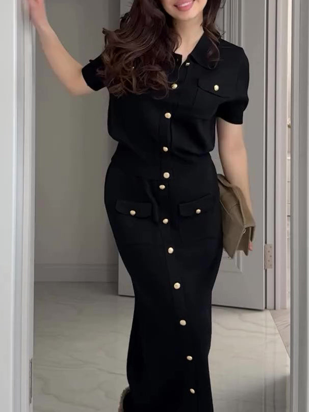 Lapel Short Sleeve Shirt & Single Button Skirt Set