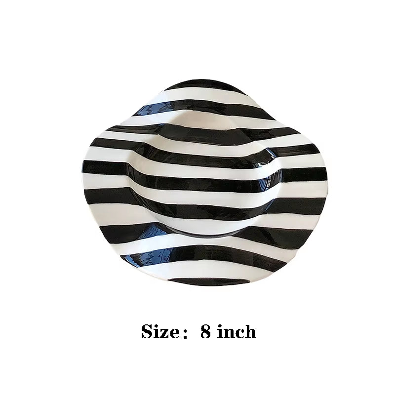 8Inch Nordic Ceramic Plate Dot Stripe Irregular Wave Shape Ceramic Dessert Plate Pasta Plate Dinner Plates Ceramic Dish Plates