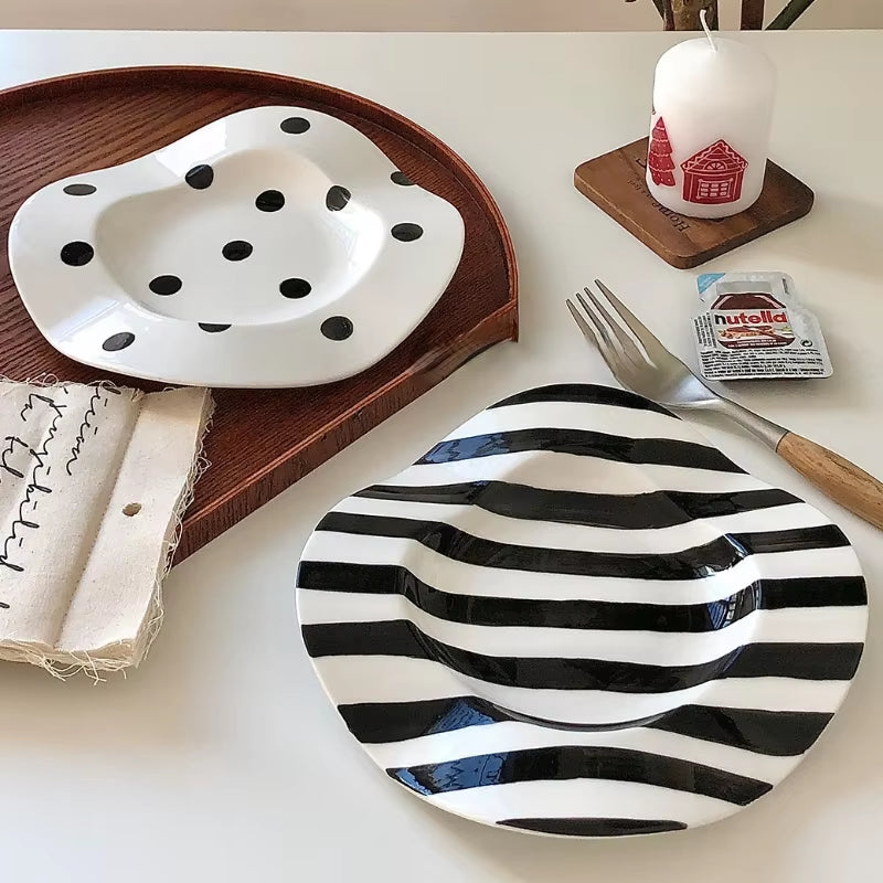 8Inch Nordic Ceramic Plate Dot Stripe Irregular Wave Shape Ceramic Dessert Plate Pasta Plate Dinner Plates Ceramic Dish Plates