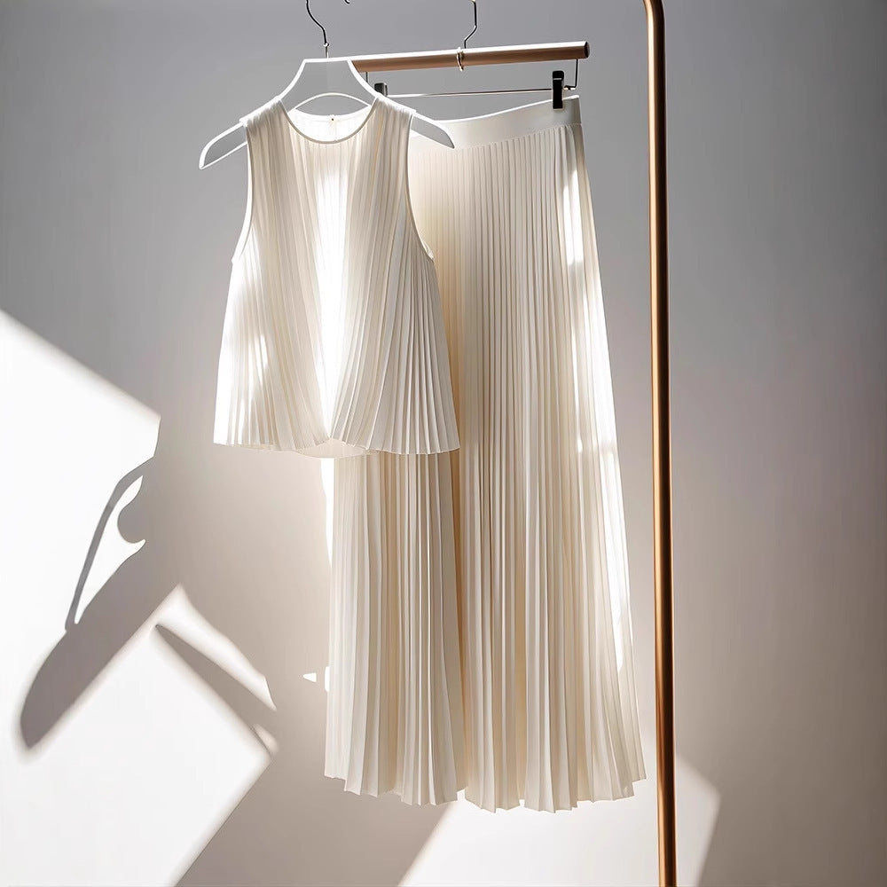 Popular White Pleated High-end Coat Skirt Two-piece Set
