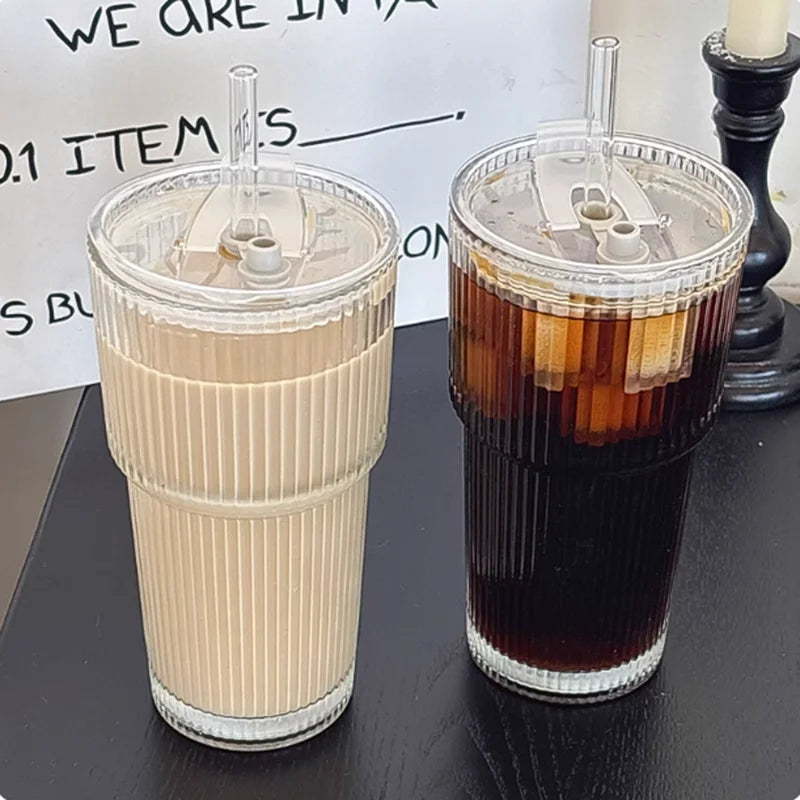 Vertical Striped Bamboo Joint Cup with Straw Glass Cup for Women'S High-Quality Office Cup Large Capacity Coffee Cup for Househo