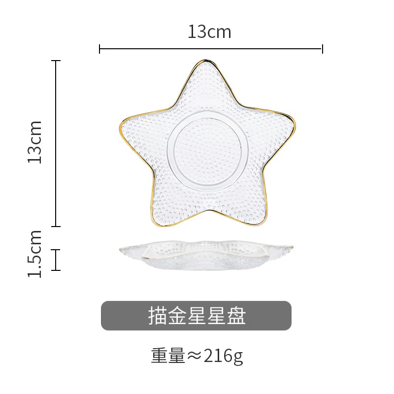 Small Glass Plates and Bowls Set with Glod Rim, Nordic Ocean Dessert Fruit Plate, Jewelry Storage Tray, Decorative Trinket Dish