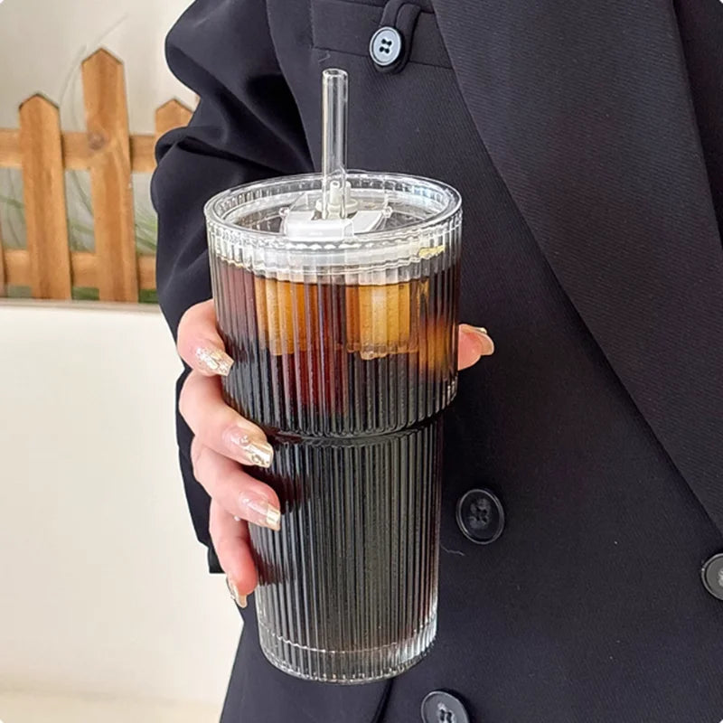 Vertical Striped Bamboo Joint Cup with Straw Glass Cup for Women'S High-Quality Office Cup Large Capacity Coffee Cup for Househo