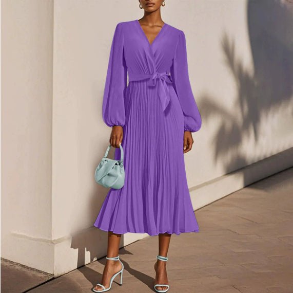 Pleated V-neck Long Sleeve Chiffon Women's Dress