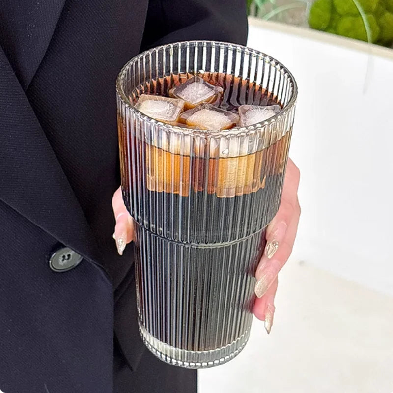 Vertical Striped Bamboo Joint Cup with Straw Glass Cup for Women'S High-Quality Office Cup Large Capacity Coffee Cup for Househo