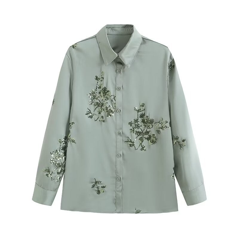 Spring Summer Women's Wear Shirt Outfit Beads Decoration Top High Waist Pants