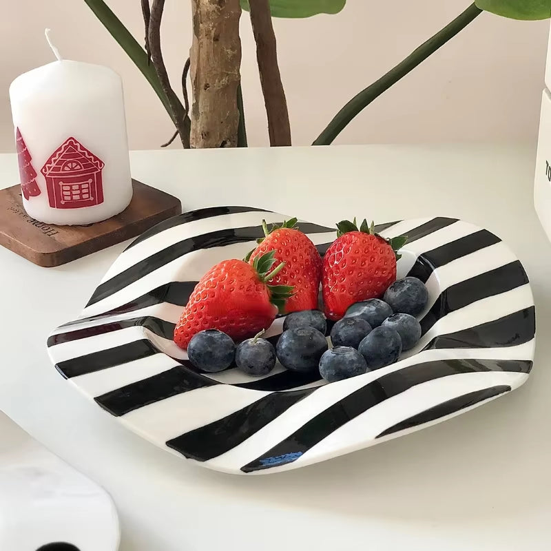 8Inch Nordic Ceramic Plate Dot Stripe Irregular Wave Shape Ceramic Dessert Plate Pasta Plate Dinner Plates Ceramic Dish Plates
