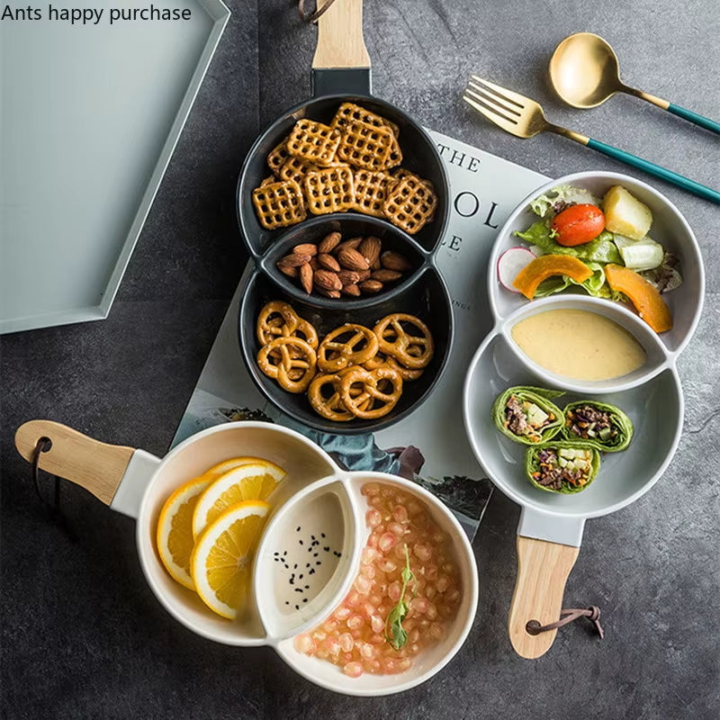 Nordic Ceramic Grid Snack Tray Dessert Plate Salad Bowl Household Kitchen Supplies Restaurant Tableware Fruit Decoration Tray