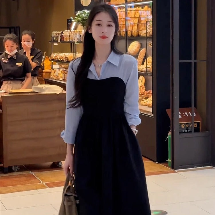 Stitching Lapel Long Sleeve Dress Women's Waist Slimming