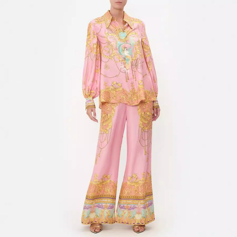 Casual Long-sleeved Printed Shirt And Trousers Two-piece Set