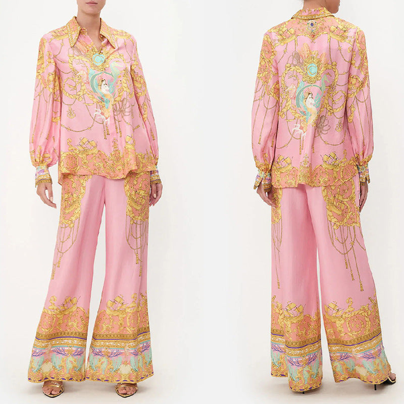 Casual Long-sleeved Printed Shirt And Trousers Two-piece Set