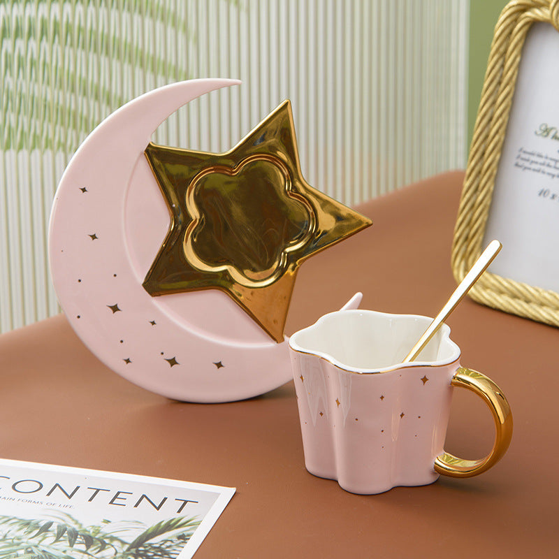 Creative Ceramic Cup with Star and Moon Saucer