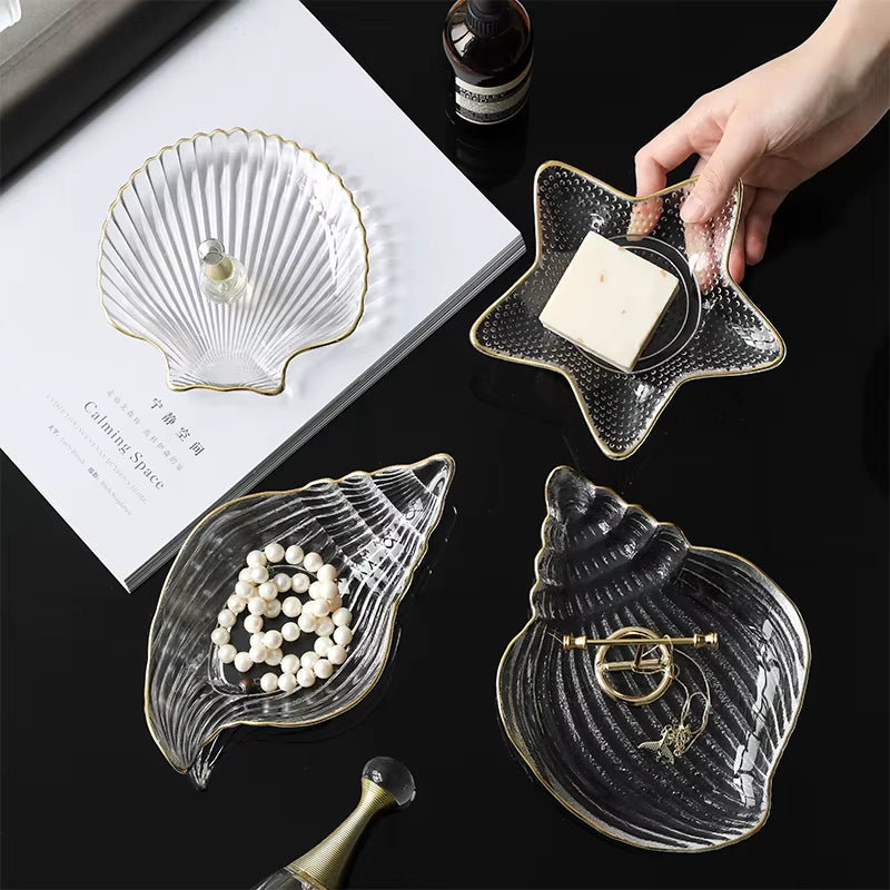 Small Glass Plates and Bowls Set with Glod Rim, Nordic Ocean Dessert Fruit Plate, Jewelry Storage Tray, Decorative Trinket Dish