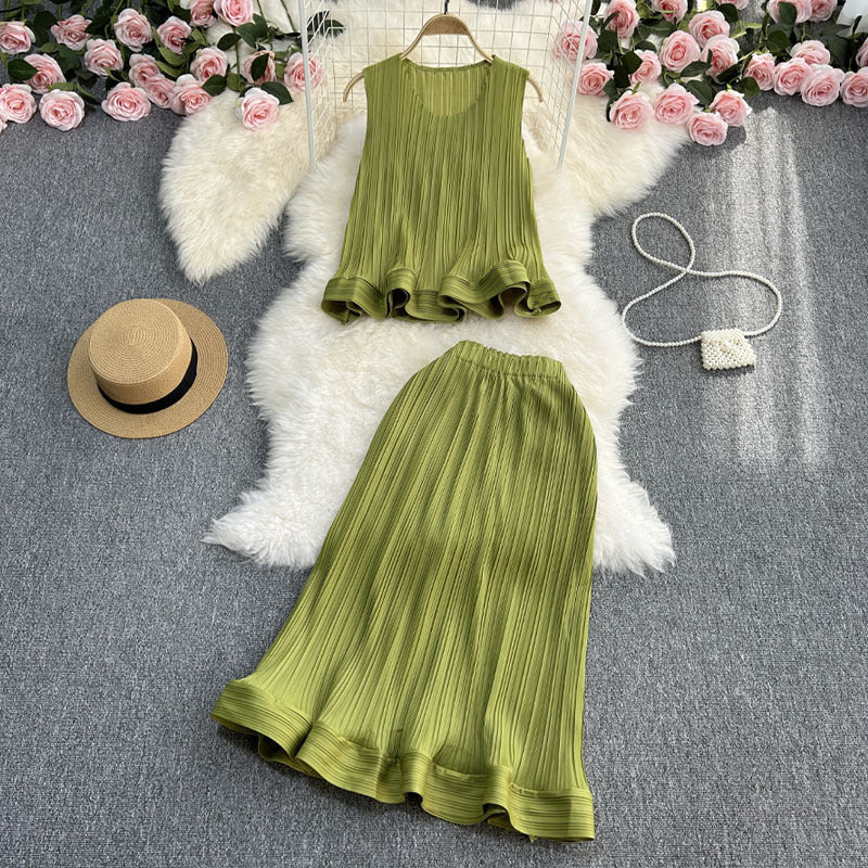 Casual Elegance Sleeveless Ruffled Loose Top And Skirt Two-piece Set