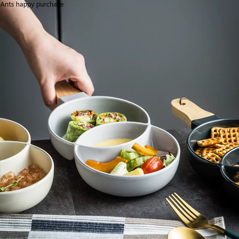 Nordic Ceramic Grid Snack Tray Dessert Plate Salad Bowl Household Kitchen Supplies Restaurant Tableware Fruit Decoration Tray
