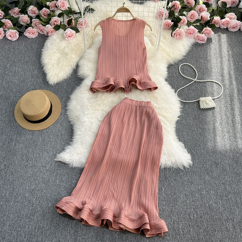 Casual Elegance Sleeveless Ruffled Loose Top And Skirt Two-piece Set