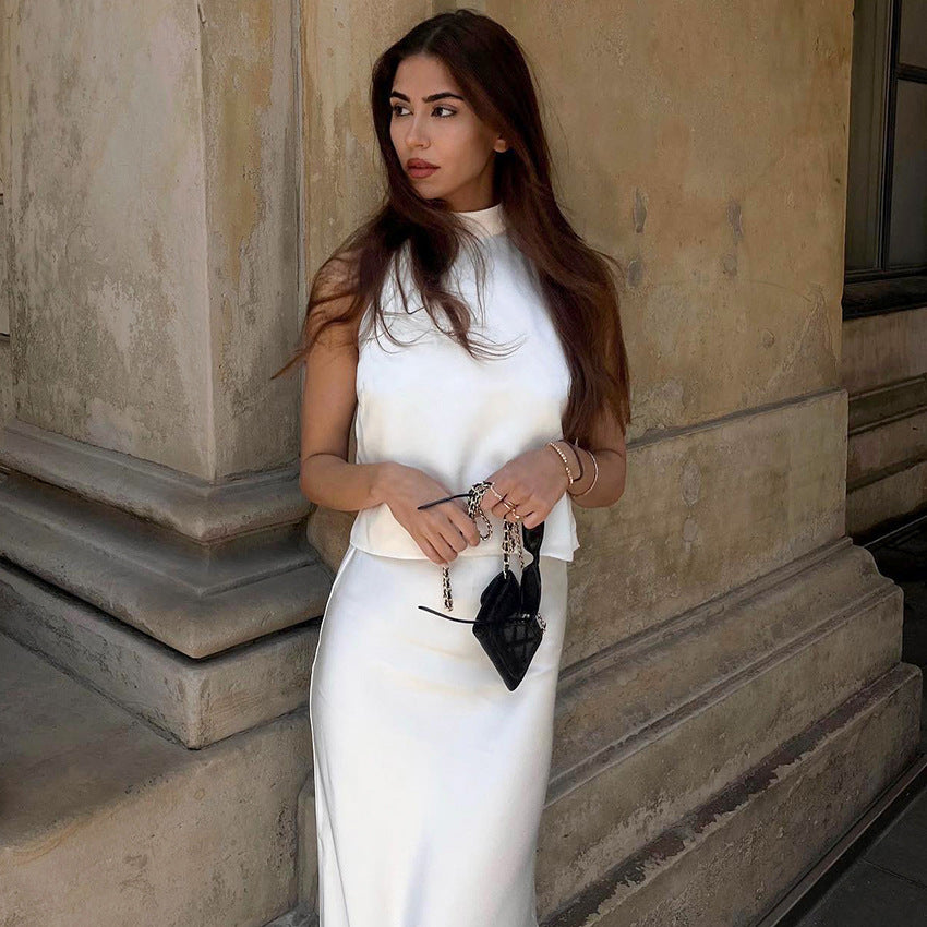 White Sleeveless Halter Vest Fishtail Skirt Suit