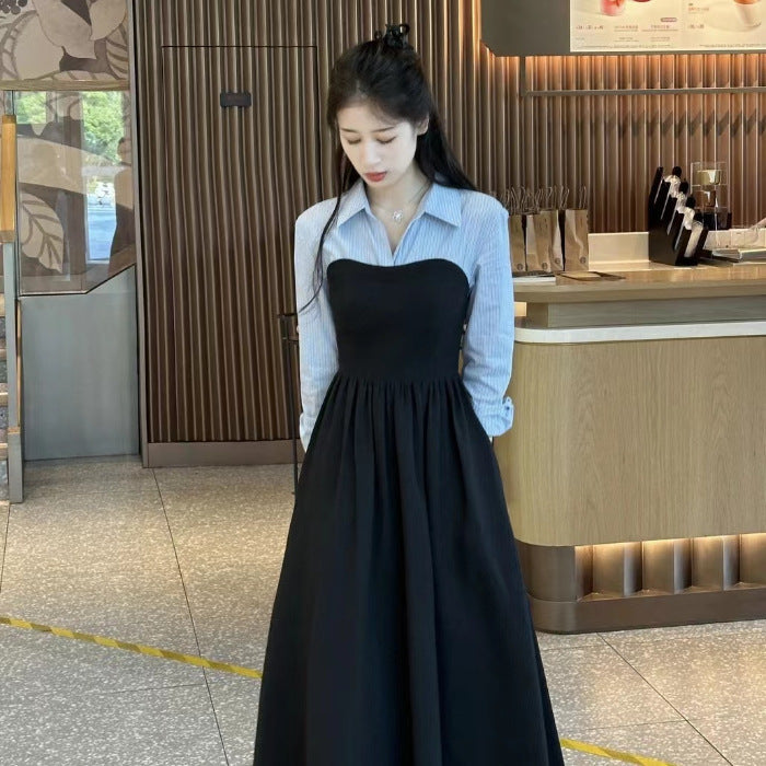 Stitching Lapel Long Sleeve Dress Women's Waist Slimming