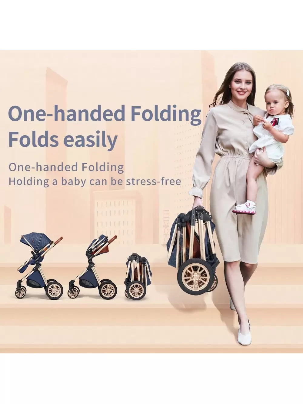 B.CHILDHOOD Baby Stroller Travel System Combo Set, Infant High Landscape Pram, Foldable Reversible Portable Stroller, Newborn Pushchair Buggy, Reclining Baby Carriage