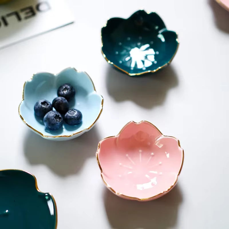 1Pcs Sakura Ceramic Seasoning Dipping Bowl Cherry Blossom Trinket Plate Sauce Porcelain Sauce Dish Plate for Condiment Kitchen