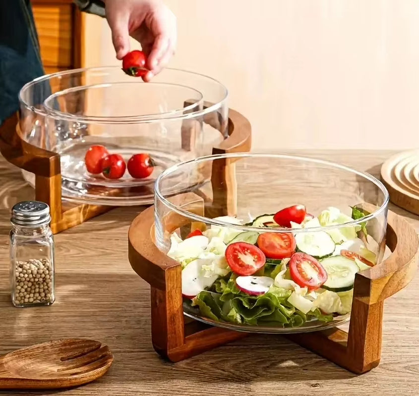 Elegant Glass Salad Bowl Set with Wooden Base Light Luxury Fruit Bowl for Home Restaurant Stylish Glass Snack Tray