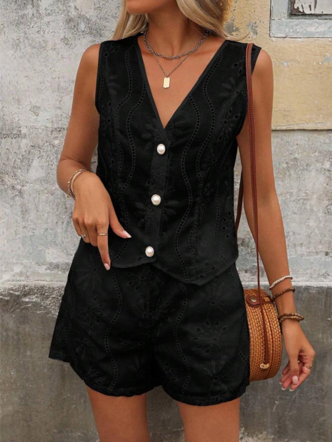 Solid Color Casual V-neck Vest Button Shorts Suit Women