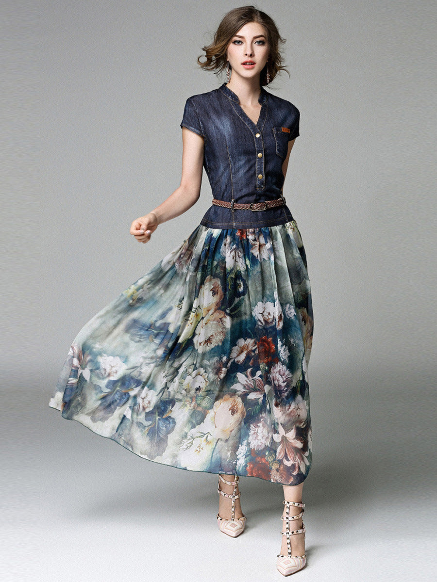 Women's Dress Denim Printing V-neck