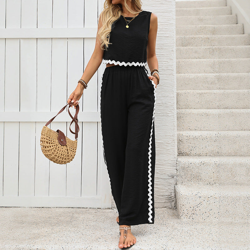 Black And White Color Contrast Patchwork Sleeveless Vest Pants Two-piece Set