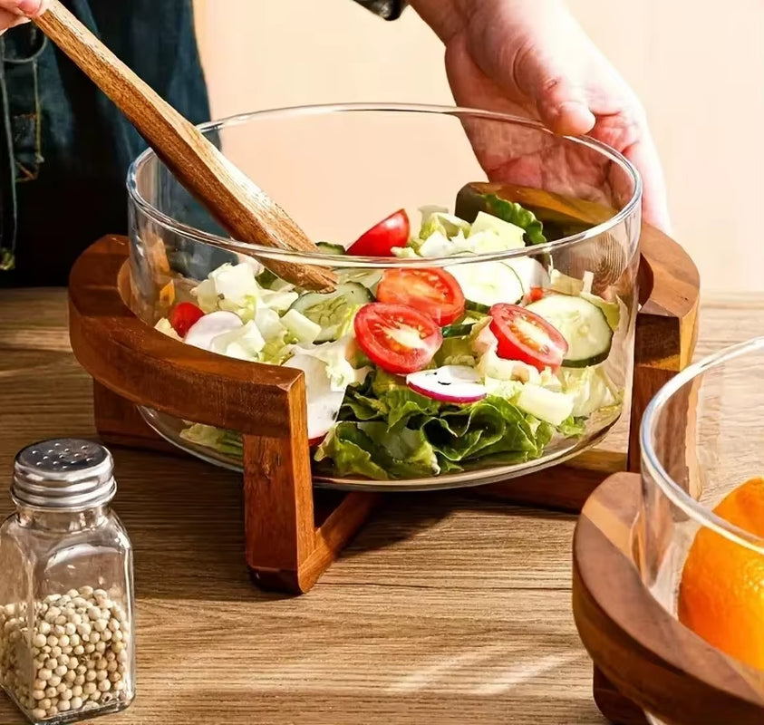 Elegant Glass Salad Bowl Set with Wooden Base Light Luxury Fruit Bowl for Home Restaurant Stylish Glass Snack Tray
