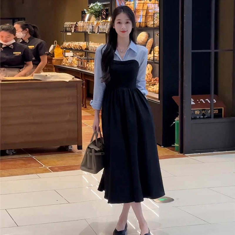 Stitching Lapel Long Sleeve Dress Women's Waist Slimming