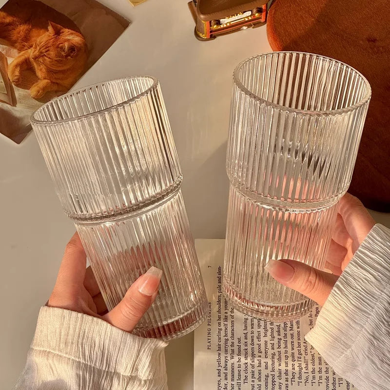 Vertical Striped Bamboo Joint Cup with Straw Glass Cup for Women'S High-Quality Office Cup Large Capacity Coffee Cup for Househo