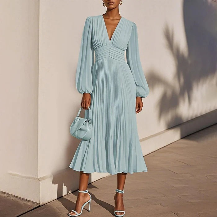 Pleated V-neck Long Sleeve Chiffon Women's Dress