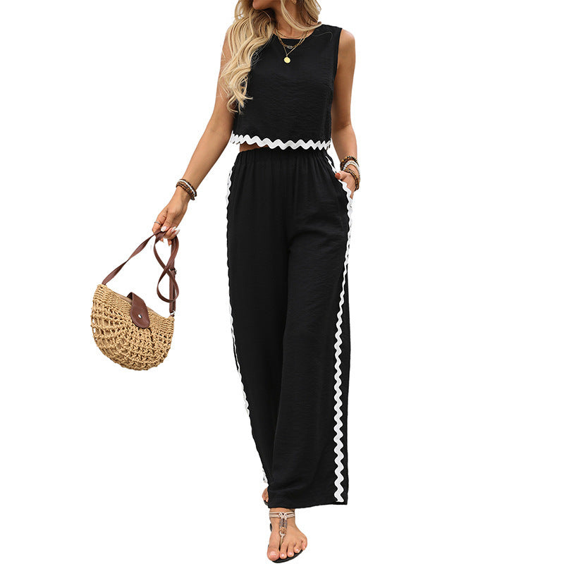 Black And White Color Contrast Patchwork Sleeveless Vest Pants Two-piece Set