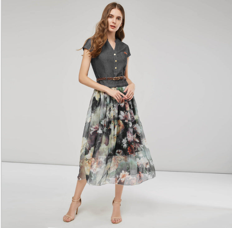 Women's Dress Denim Printing V-neck