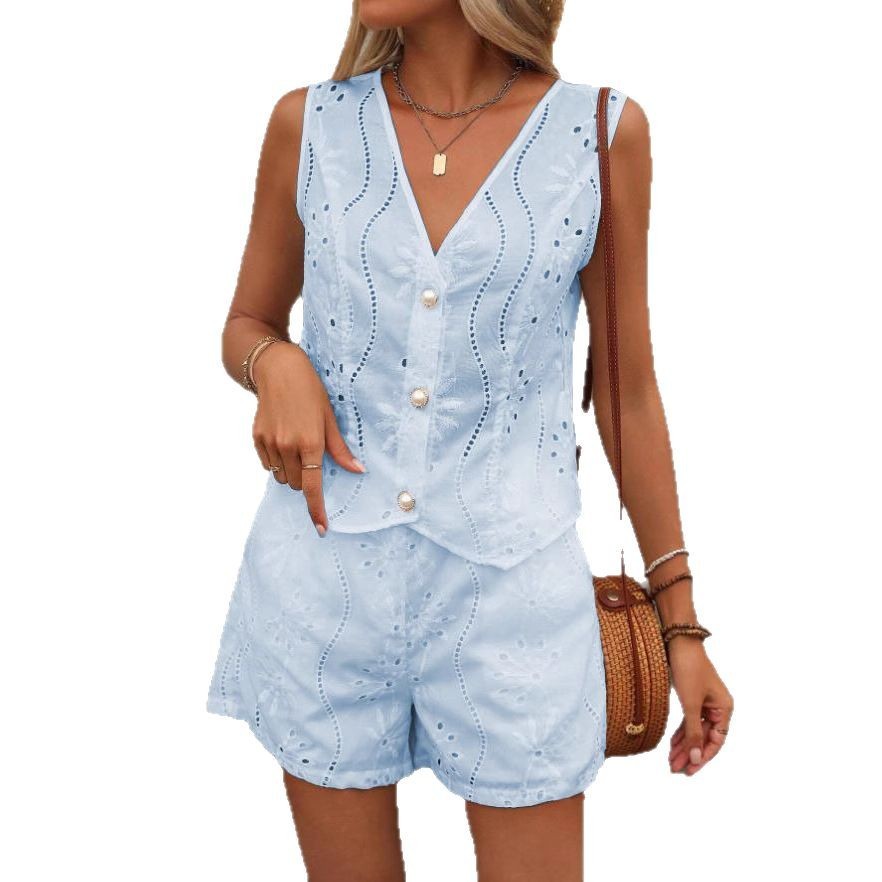 Solid Color Casual V-neck Vest Button Shorts Suit Women