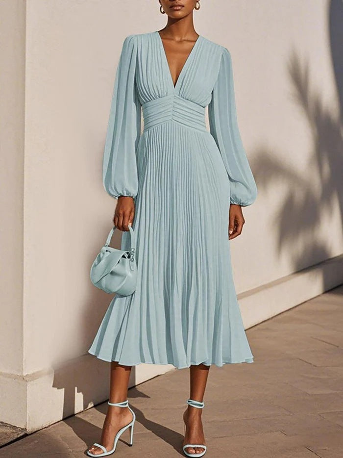 Pleated V-neck Long Sleeve Chiffon Women's Dress