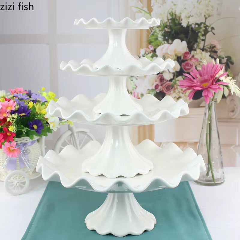 European Ceramic Wave-Shaped Dessert Pastry Tray High-Foot Cake Stand Porcelain Household Fruit Dessert Tray Home Decoration New