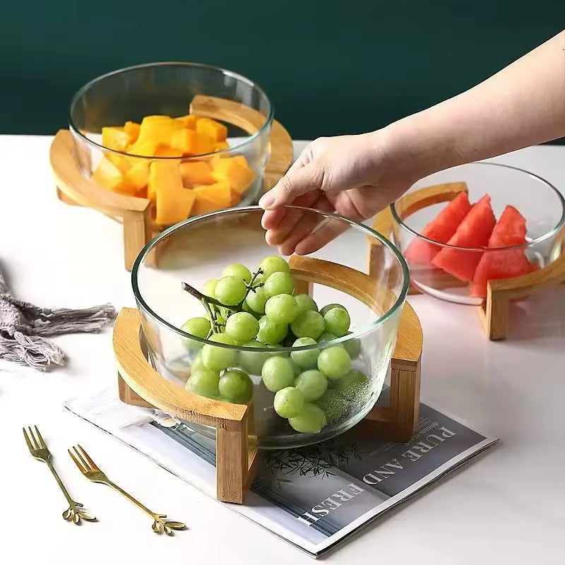 Elegant Glass Salad Bowl Set with Wooden Base Light Luxury Fruit Bowl for Home Restaurant Stylish Glass Snack Tray