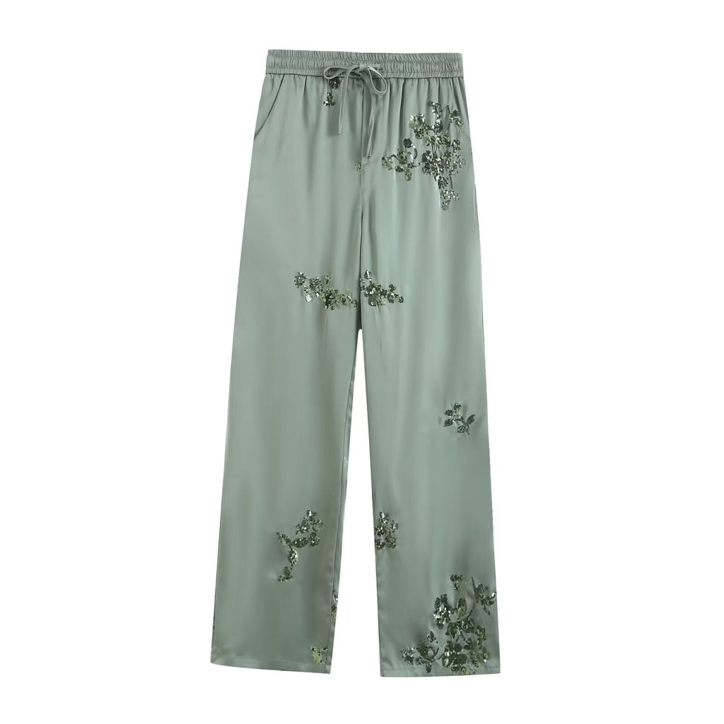 Spring Summer Women's Wear Shirt Outfit Beads Decoration Top High Waist Pants