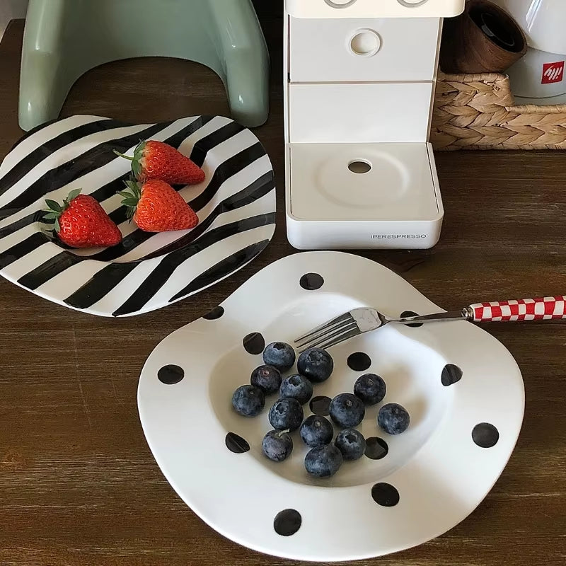 8Inch Nordic Ceramic Plate Dot Stripe Irregular Wave Shape Ceramic Dessert Plate Pasta Plate Dinner Plates Ceramic Dish Plates